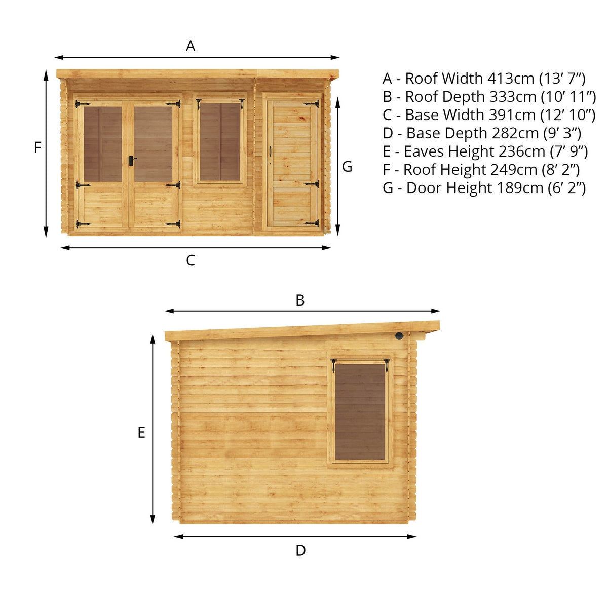 Mercia Contemporary 10' 11" x 13' 6" Pent Log Cabin - Premium 19mm Cladding Loglap