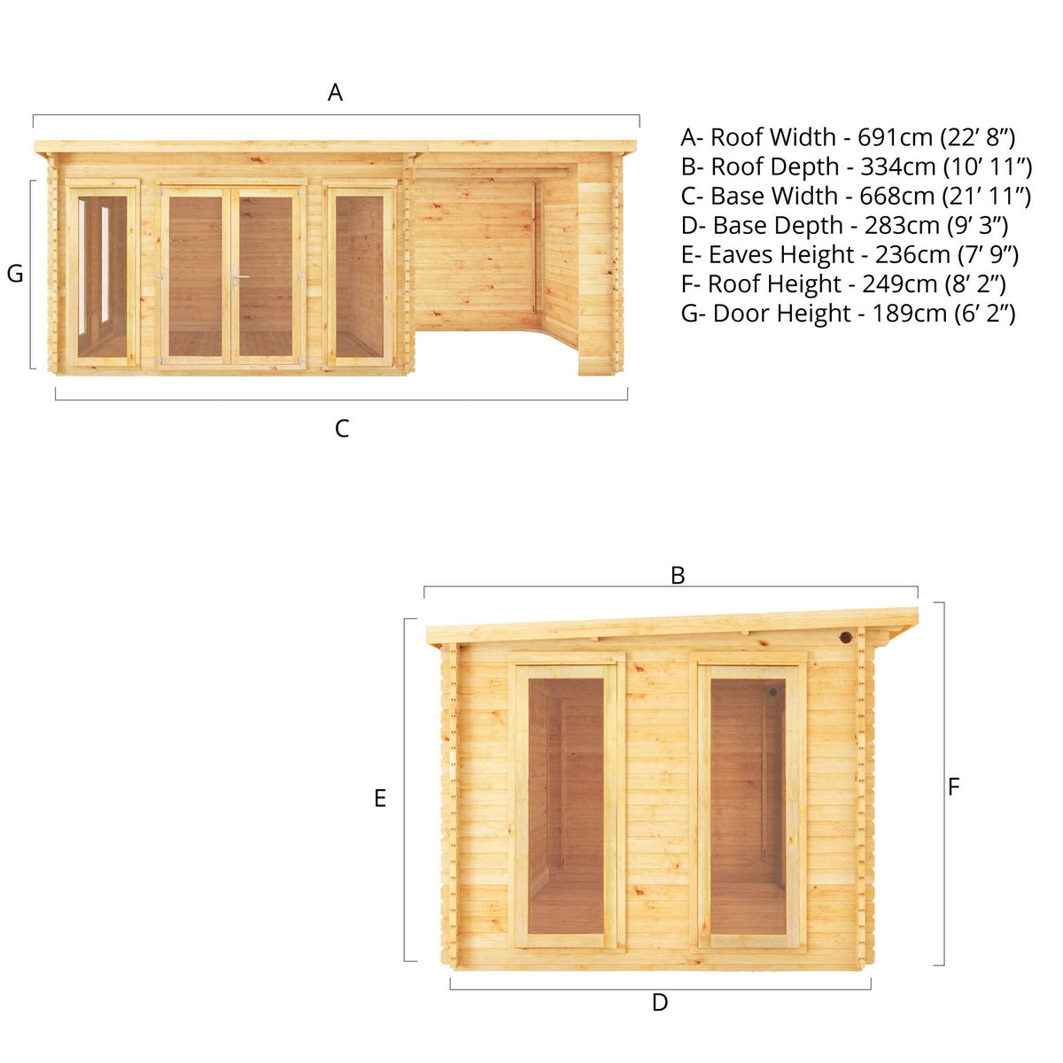 Mercia Studio 10' 11" x 22' 8" Pent Log Cabin - Premium 34mm Cladding Loglap