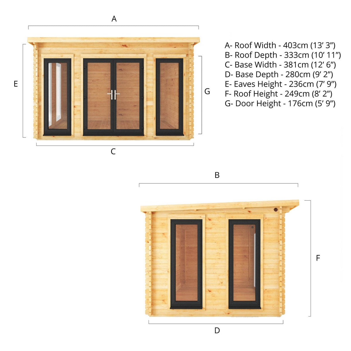 Mercia Studio 10' 11" x 13' 2" Pent Log Cabin - Premium 44mm Cladding Loglap - Grey UPVC