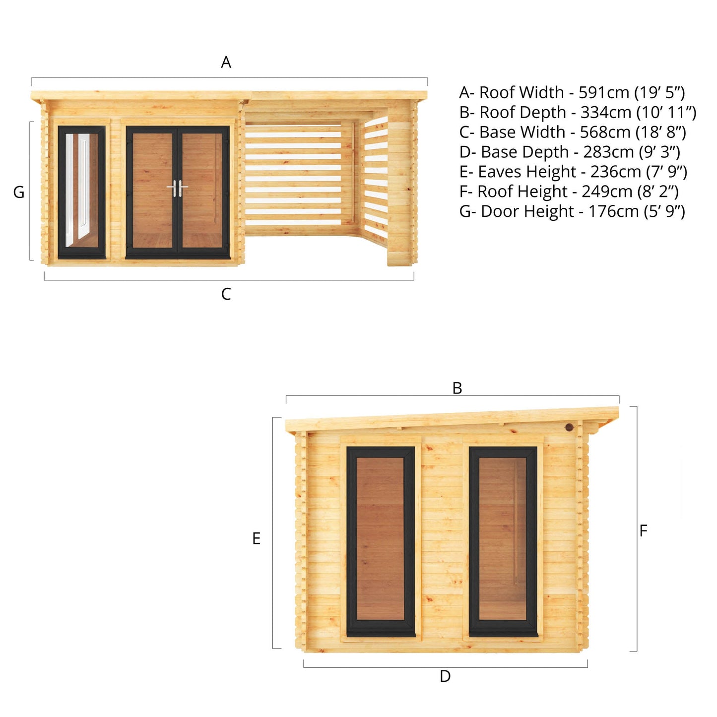 Mercia Studio 10' 11" x 19' 4" Pent Log Cabin Slatted - Premium 44mm Cladding Loglap - Grey UPVC