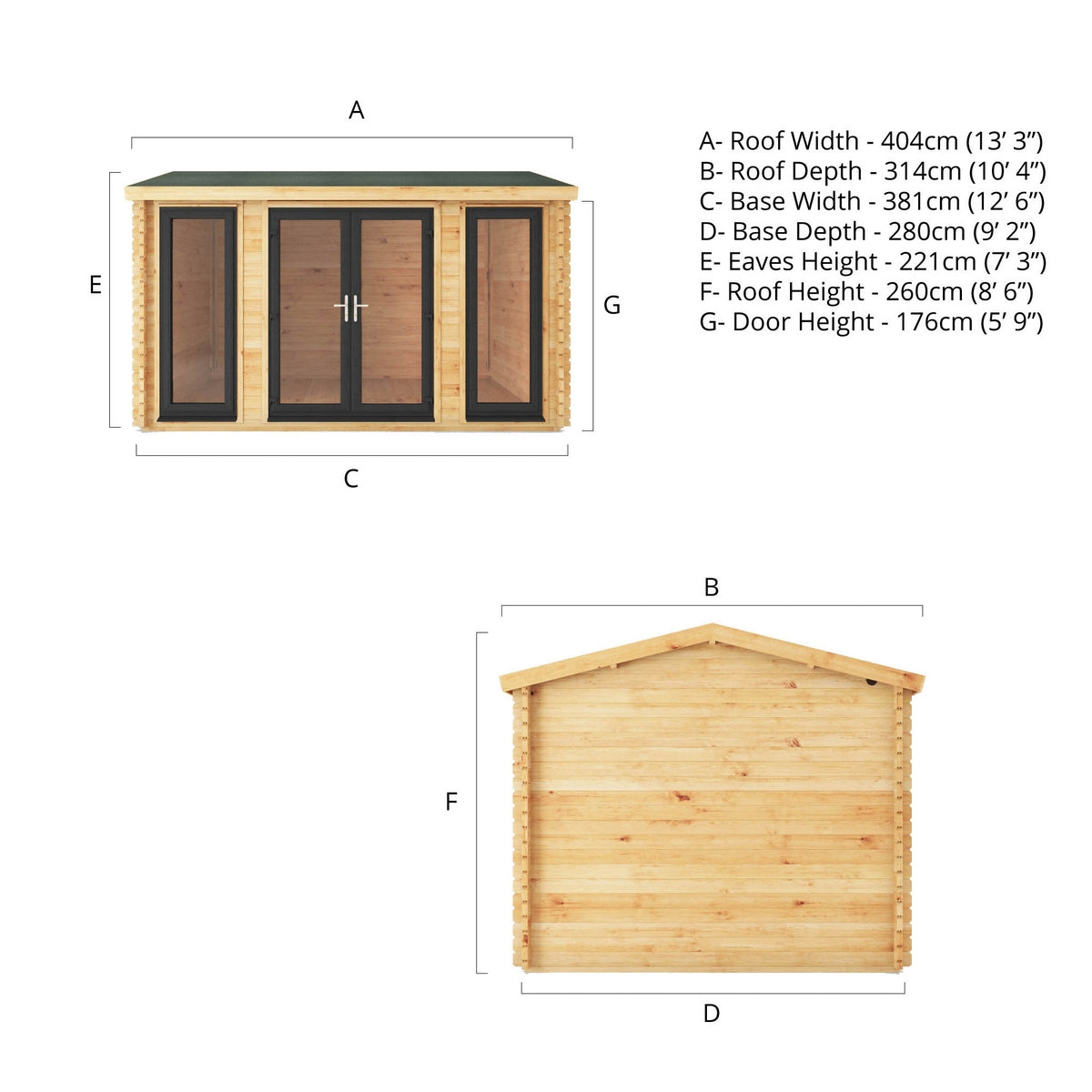 Mercia Elite 13' 6" x 13' 2" Apex Log Cabin - Premium 44mm Cladding Loglap - Grey UPVC