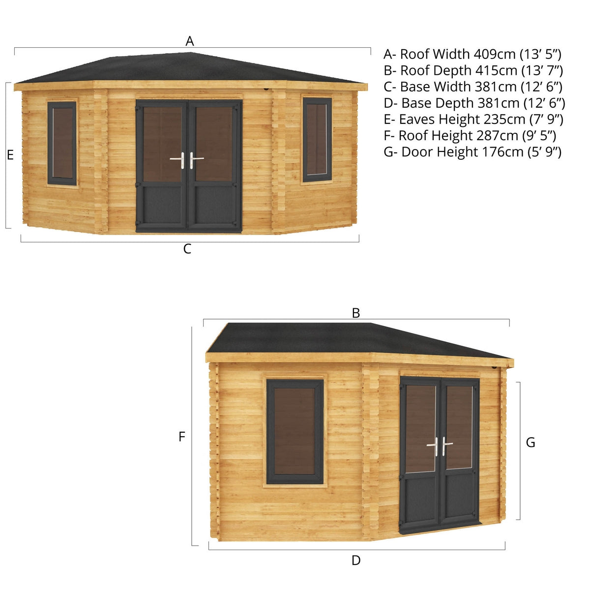 Mercia Corner 13' 7" x 13' 5" Hip Log Cabin - Premium 44mm Cladding Loglap - Grey UPVC