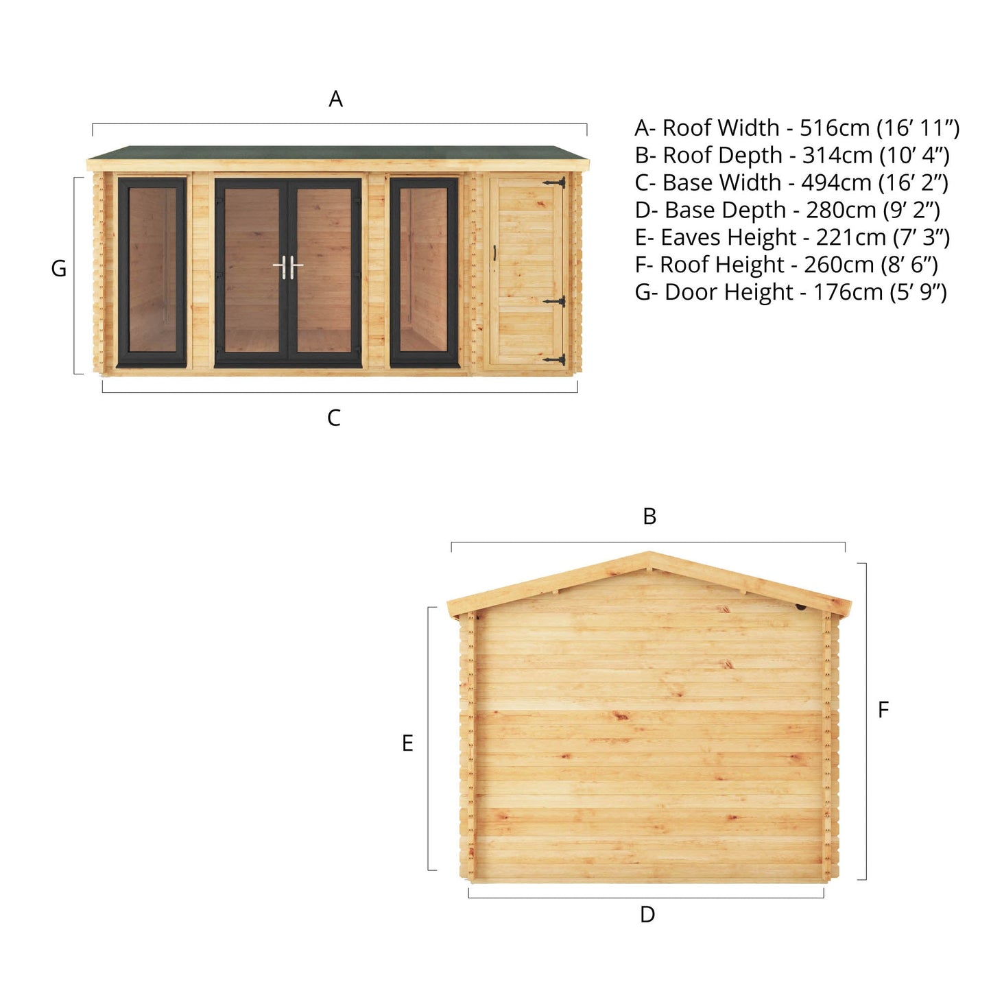 Mercia Studio 10' 3" x 16' 10" Apex Log Cabin - Premium 44mm Cladding Loglap - Grey UPVC