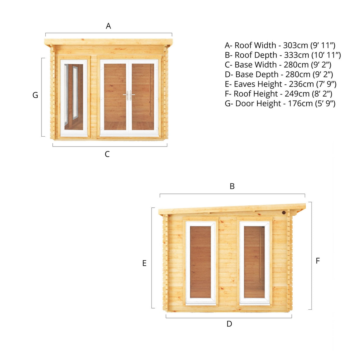 Mercia Studio 9' 11" x 9' 11" Pent Log Cabin - Premium 44mm Cladding Loglap - White UPVC