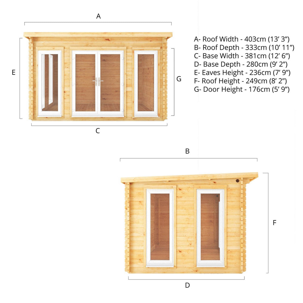 Mercia Studio 10' 11" x 13' 2" Pent Log Cabin - Premium 44mm Cladding Loglap - White UPVC
