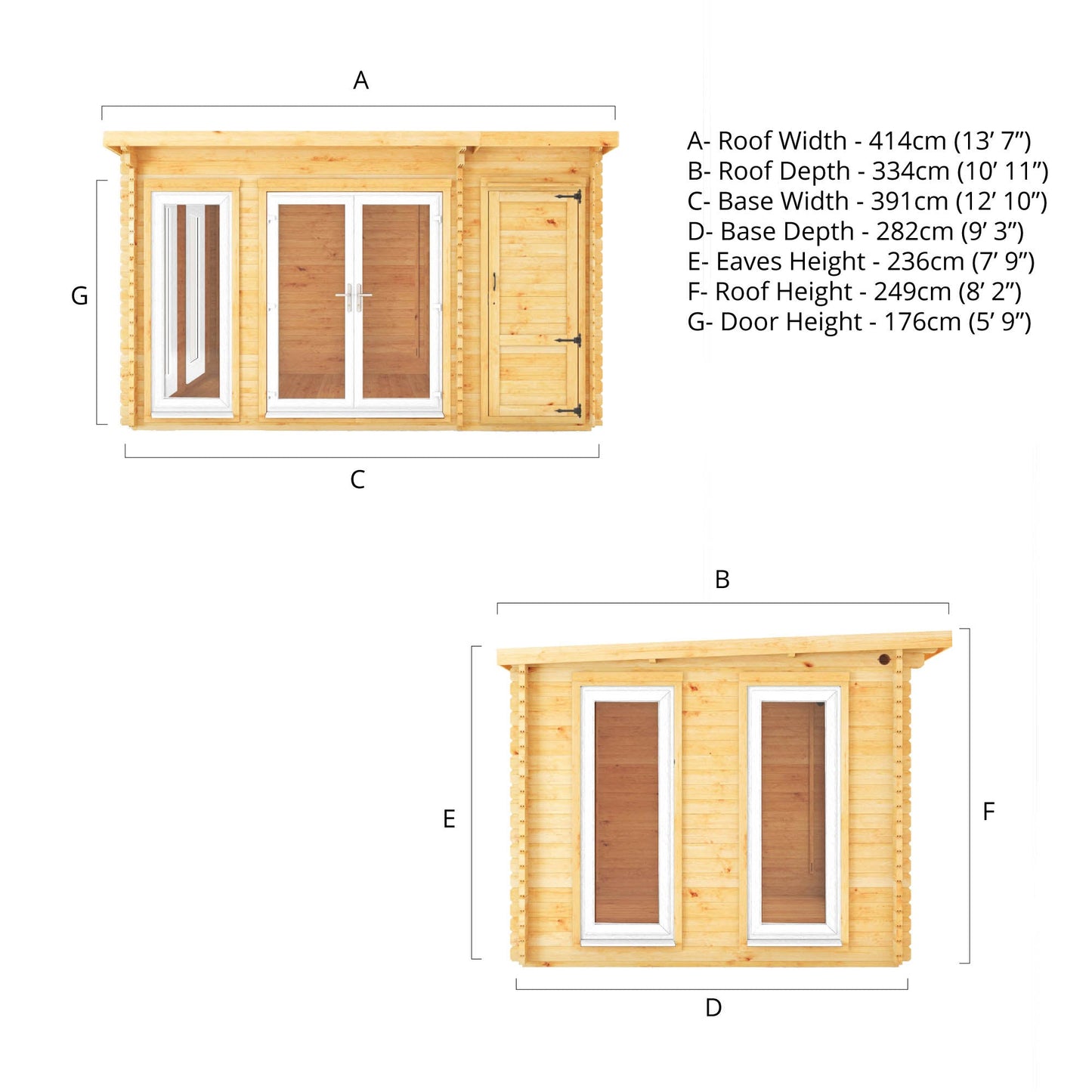 Mercia Studio 10' 11" x 13' 6" Pent Cabin with Shed - Premium 44mm Cladding Loglap - White UPVC