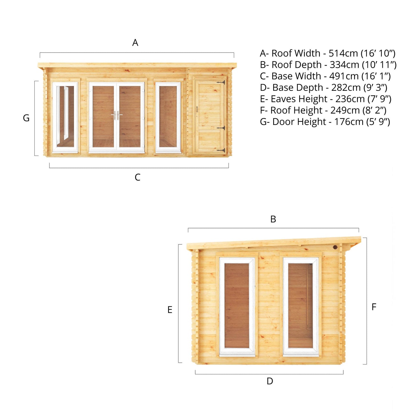 Mercia Studio 10' 11" x 16' 10" Pent Cabin with Shed - Premium 44mm Cladding Loglap - White UPVC