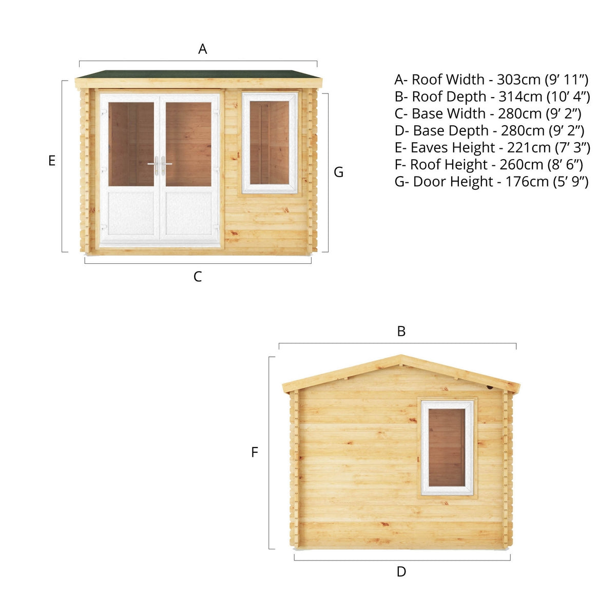 Mercia Elite 10' 3" x 9' 11" Reverse Apex Log Cabin - Premium 44mm Cladding Loglap - White UPVC