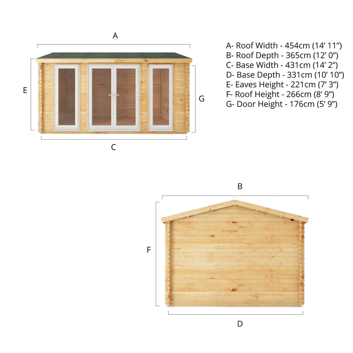 Mercia Studio 11' 11" x 14' 10" Apex Log Cabin - Premium 44mm Cladding Loglap - White UPVC