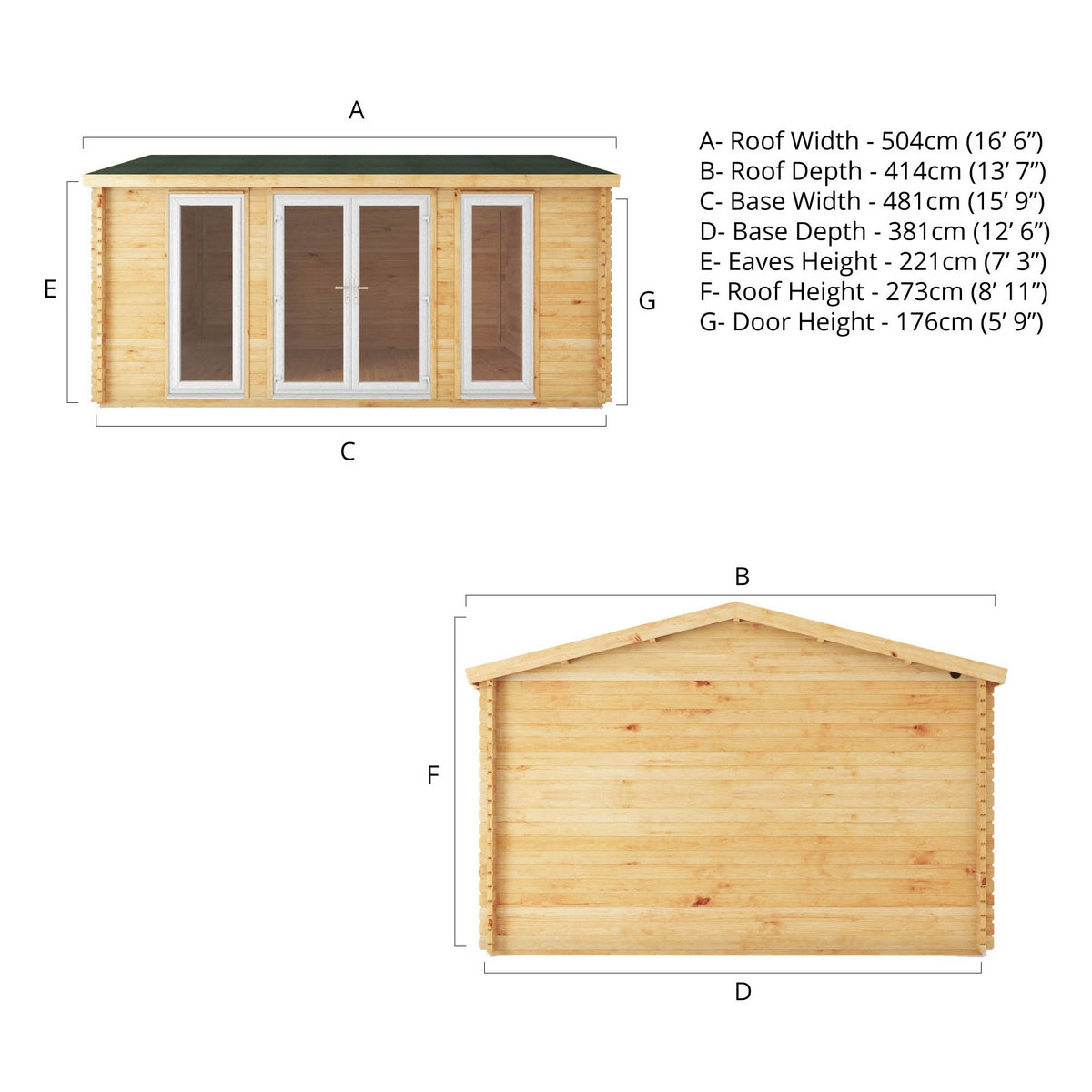 Mercia Studio 13' 7" x 16' 6" Apex Log Cabin - Premium 44mm Cladding Loglap - White UPVC
