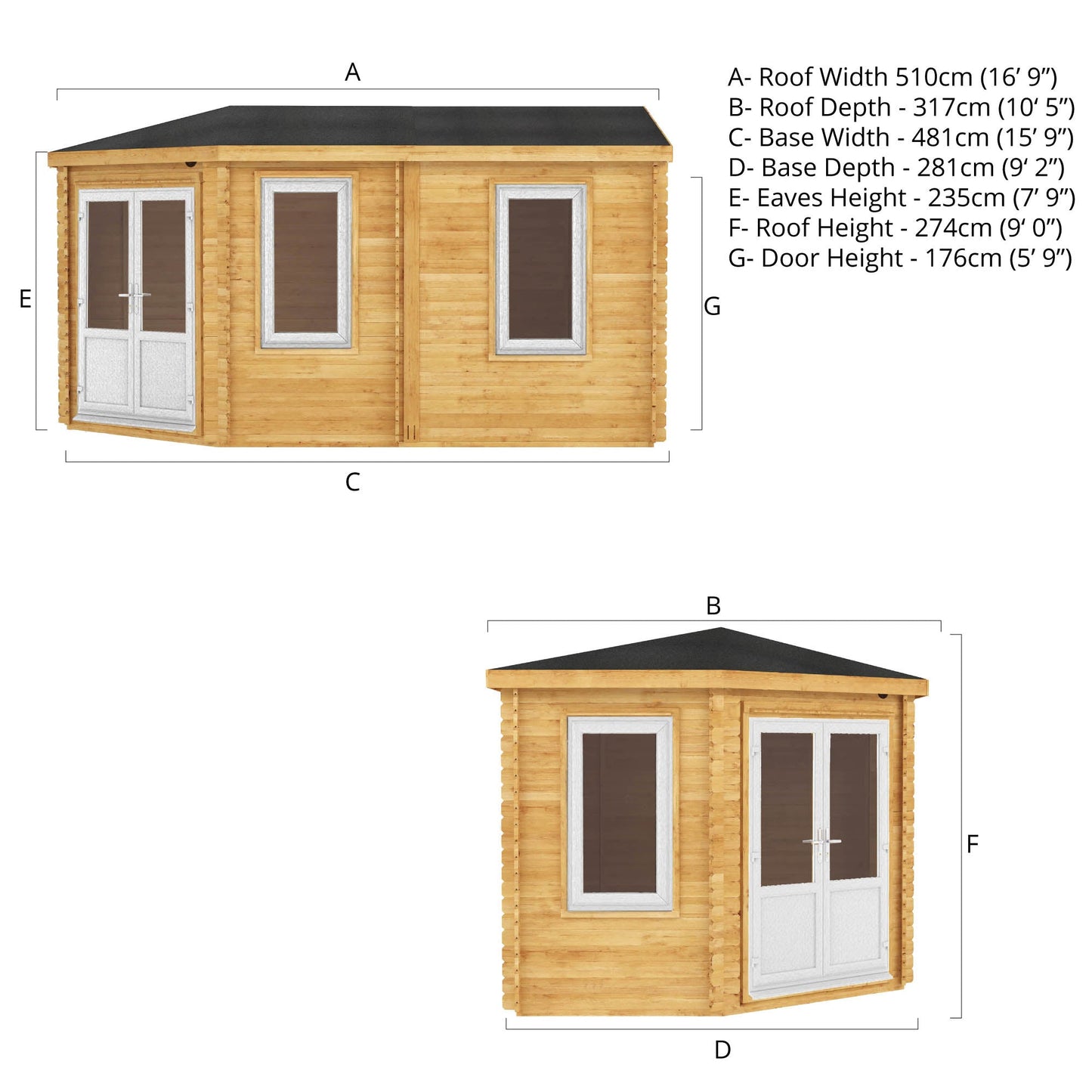 Mercia Corner 10' 4" x 16' 8" Hip Log Cabin - Premium 44mm Cladding Loglap - White UPVC