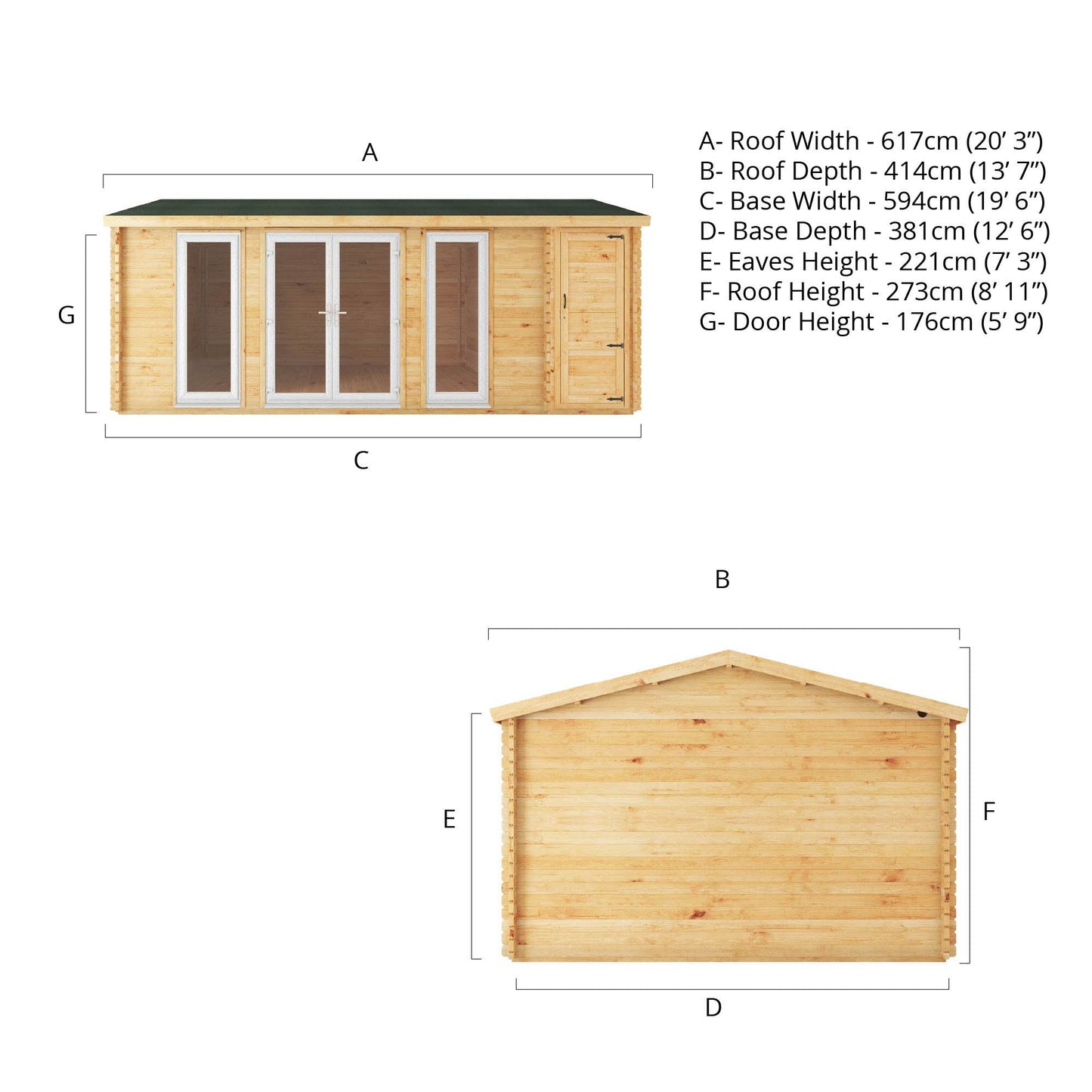 Mercia Studio 13' 7" x 20' 2" Apex Log Cabin - Premium 44mm Cladding Loglap - White UPVC
