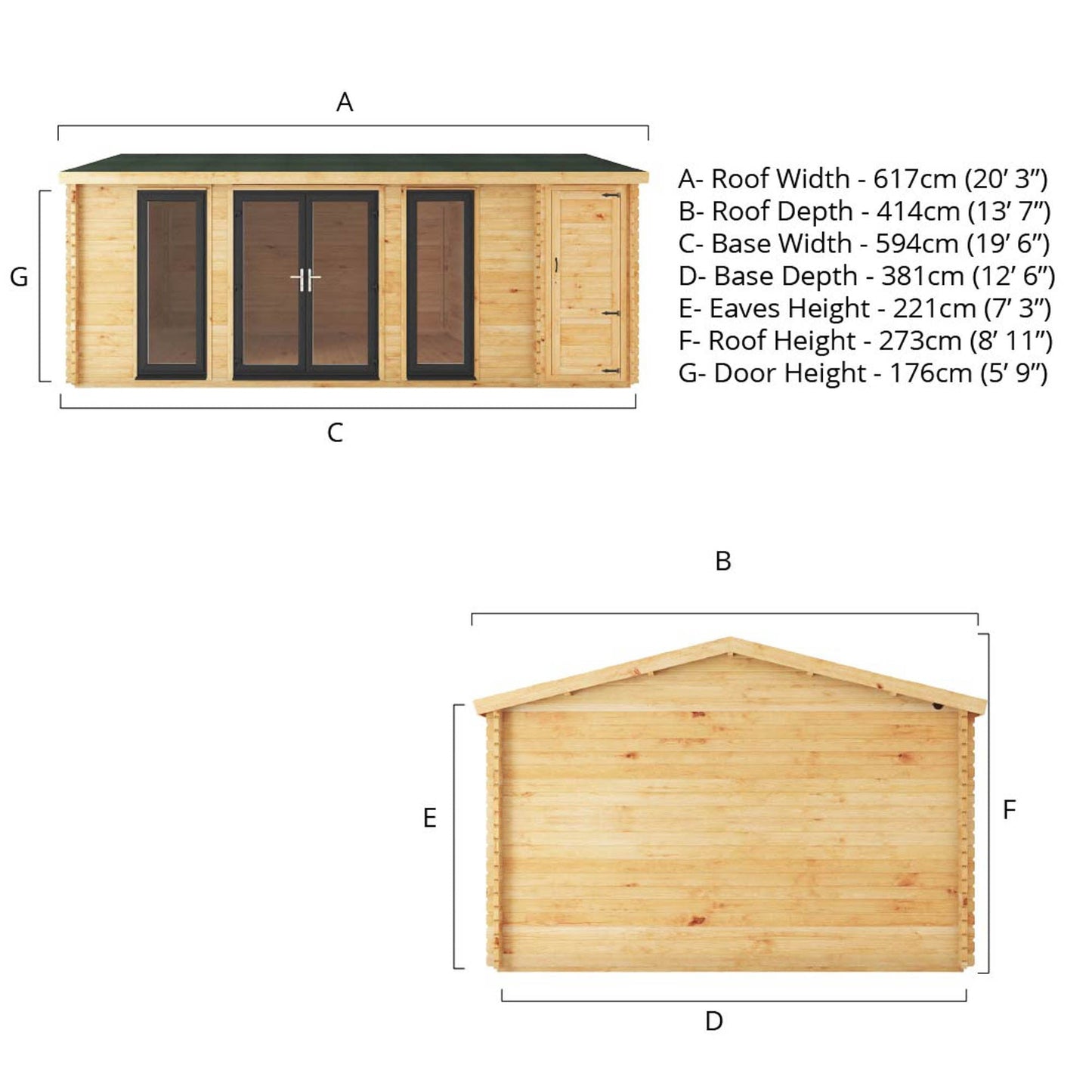Mercia Studio 13' 7" x 20' 2" Apex Log Cabin - Premium 44mm Cladding Loglap - Grey UPVC