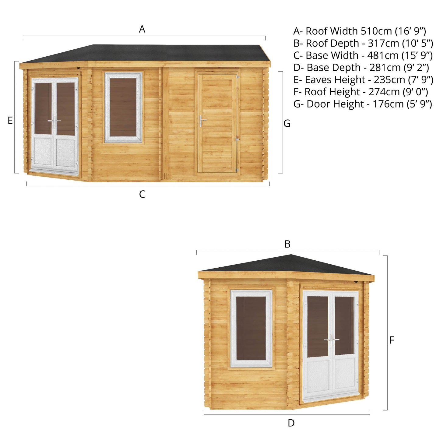 Mercia Corner 10' 4" x 16' 8" Hip Log Cabin Shed - Premium 44mm Cladding Loglap - White UPVC