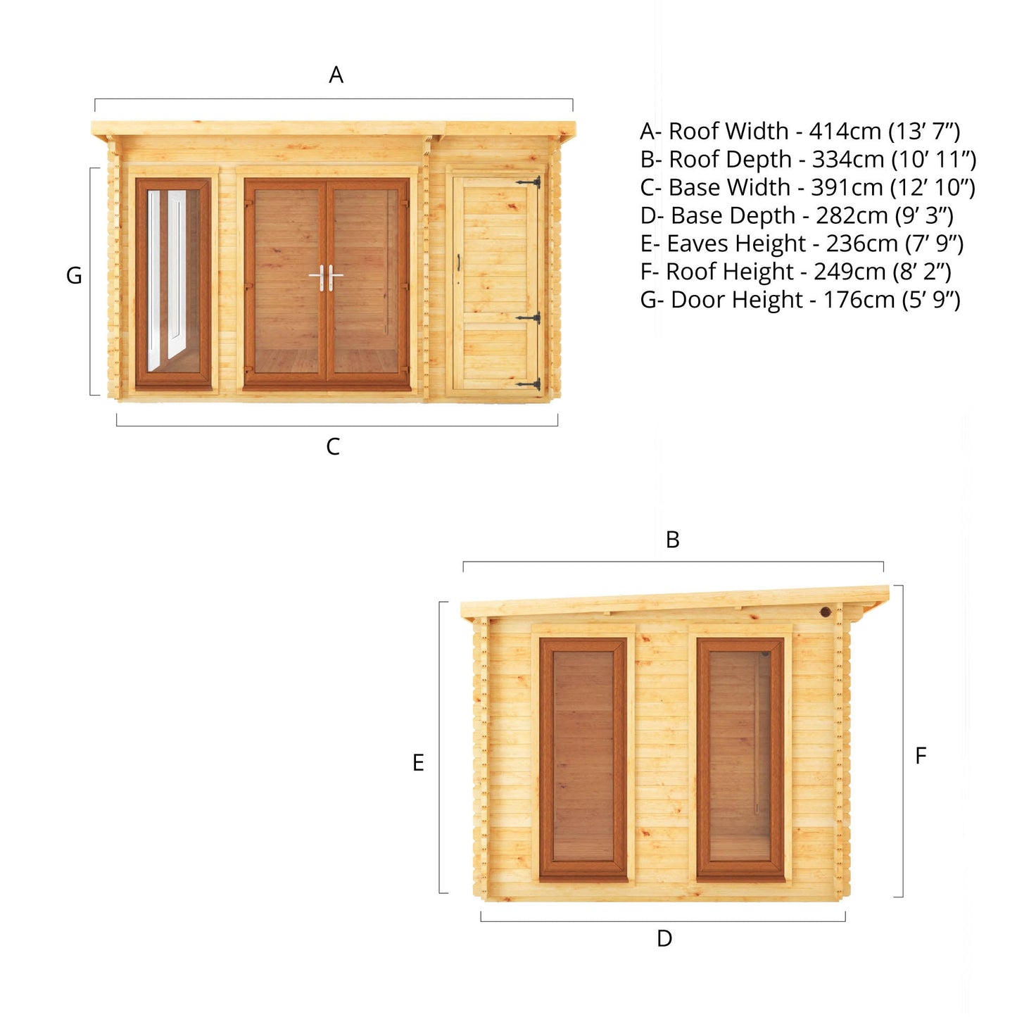 Mercia Studio 10' 11" x 13' 6" Pent Cabin with Shed - Premium 44mm Cladding Loglap - Brown UPVC