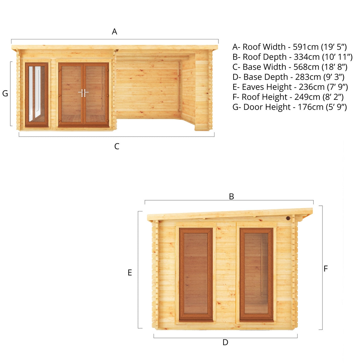 Mercia Studio 10' 11" x 19' 4" Pent Log Cabin - Premium 44mm Cladding Loglap - Brown UPVC