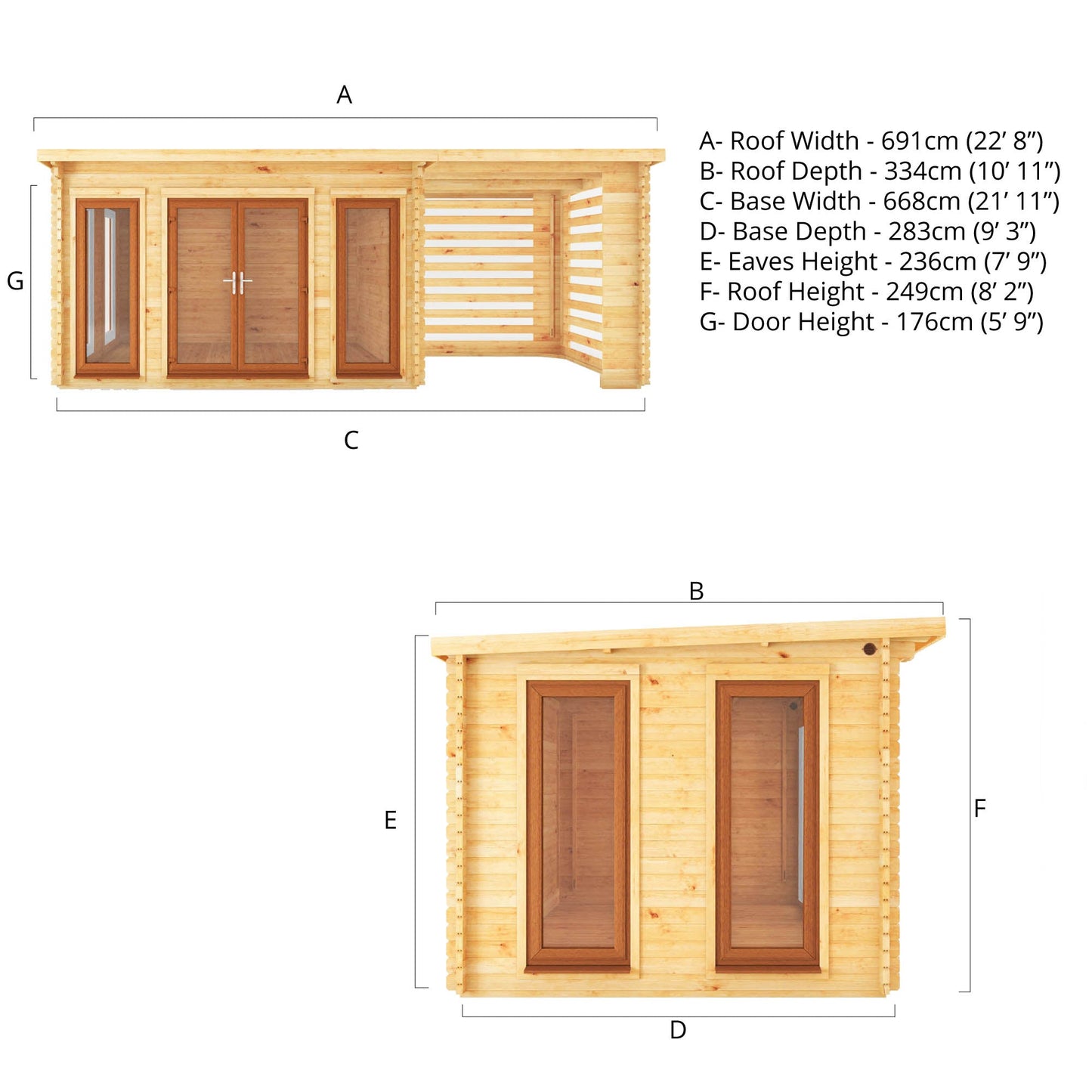 Mercia Studio 10' 11" x 22' 8" Pent Log Cabin Slatted - Premium 44mm Cladding Loglap - Brown UPVC