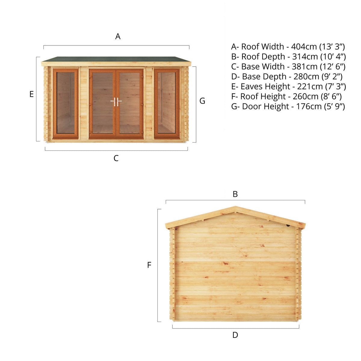 Mercia Studio 10' 3" x 13' 2" Apex Log Cabin - Premium 44mm Cladding Loglap - Brown UPVC