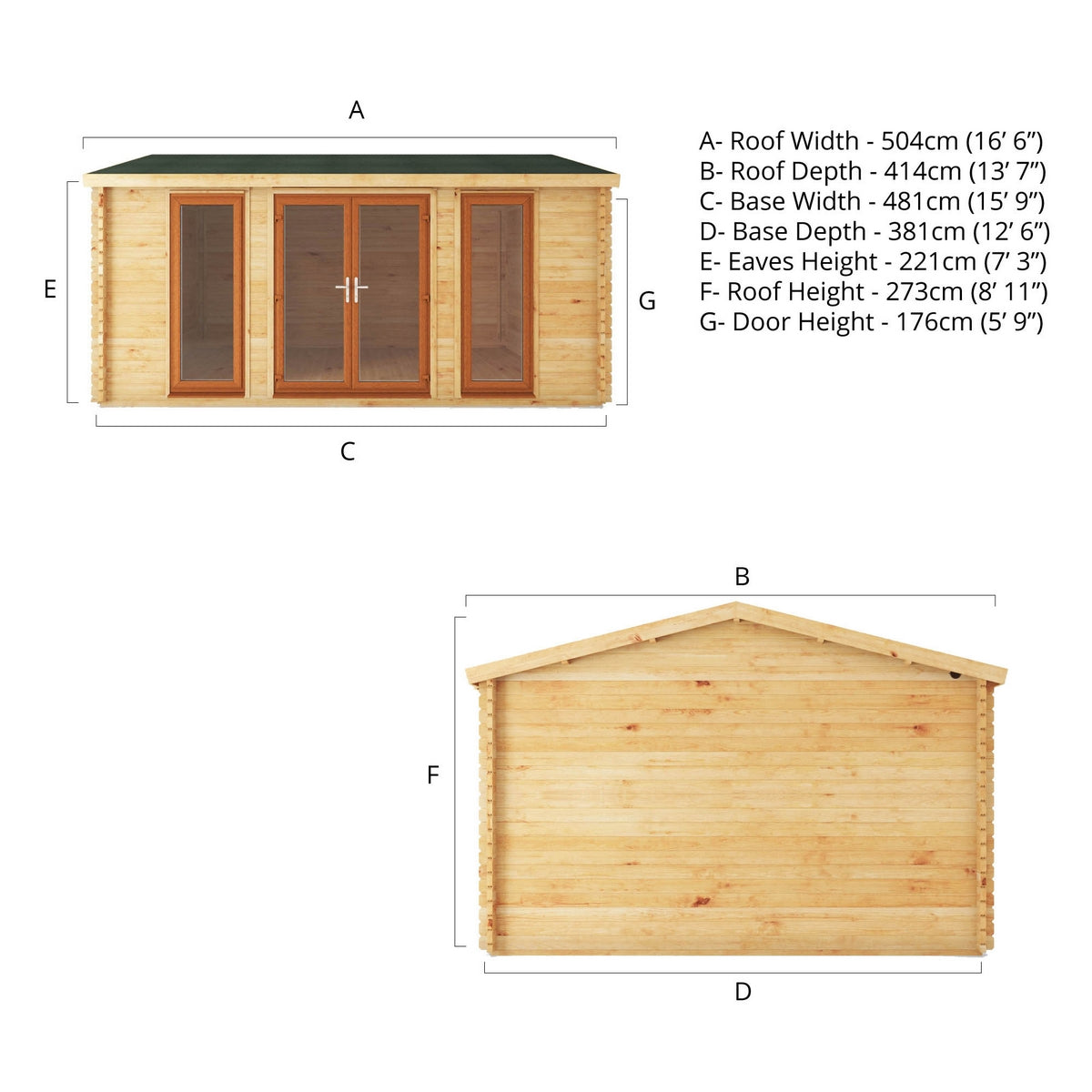 Mercia Studio 13' 7" x 16' 6" Apex Log Cabin - Premium 44mm Cladding Loglap - Brown UPVC