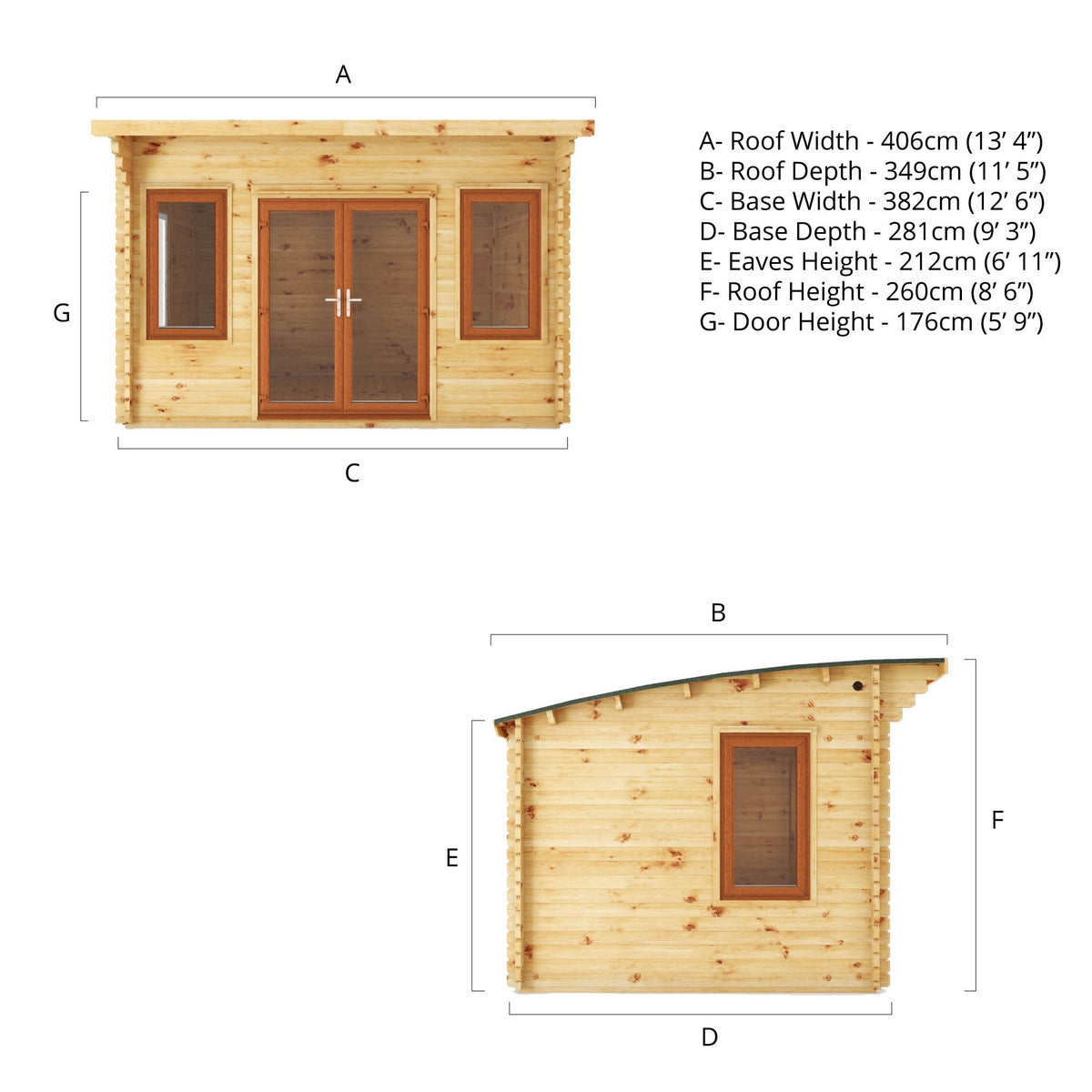 Mercia Helios 11' 5" x 13' 4" Curved Log Cabin - Premium 44mm Cladding Loglap - Brown UPVC