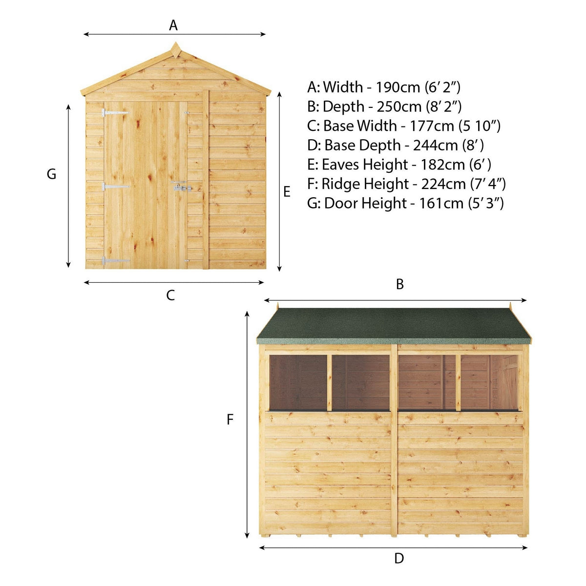 Mercia Woodsman 8' 2" x 6' 2" Apex Shed - Premium Dip Treated Shiplap - Styrene Windows