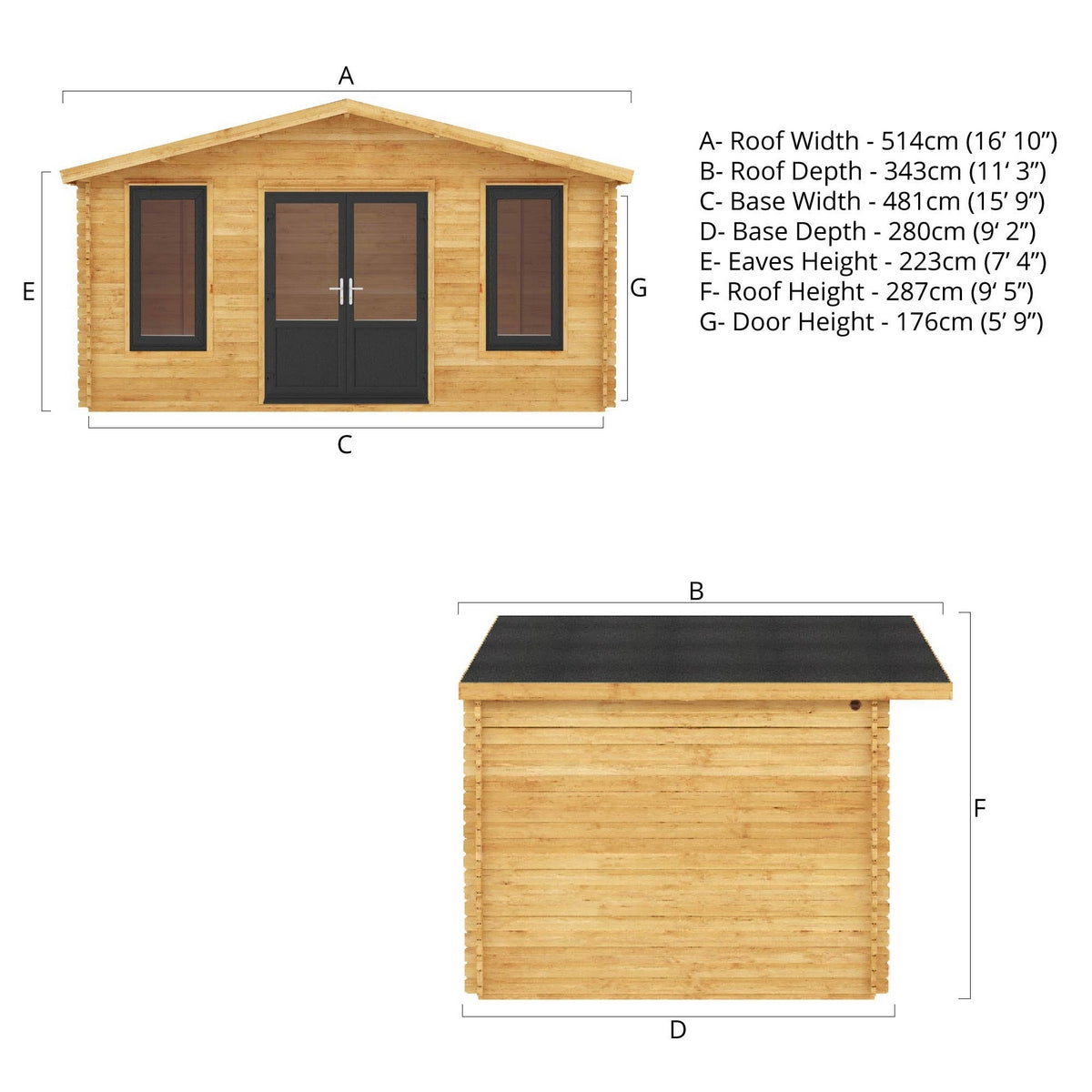 Mercia Retreat 11' 3" x 16' 10" Apex Log Cabin - Premium 44mm Cladding Loglap - Grey UPVC