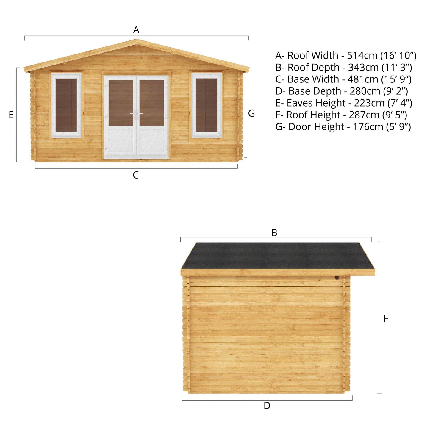 Mercia Retreat 11' 3" x 16' 10" Apex Log Cabin - Premium 44mm Cladding Loglap - White UPVC