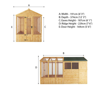 Mercia Woodsman 12' 3" x 6' 3" Apex Combi Greenhouse Shed - Premium Dip Treated Shiplap- Styrene Windows