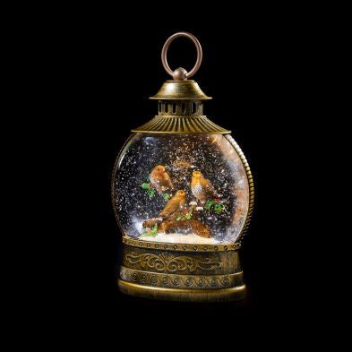 Christmas Lantern Snowglobe with Robin Warm White LED - 22.5cm