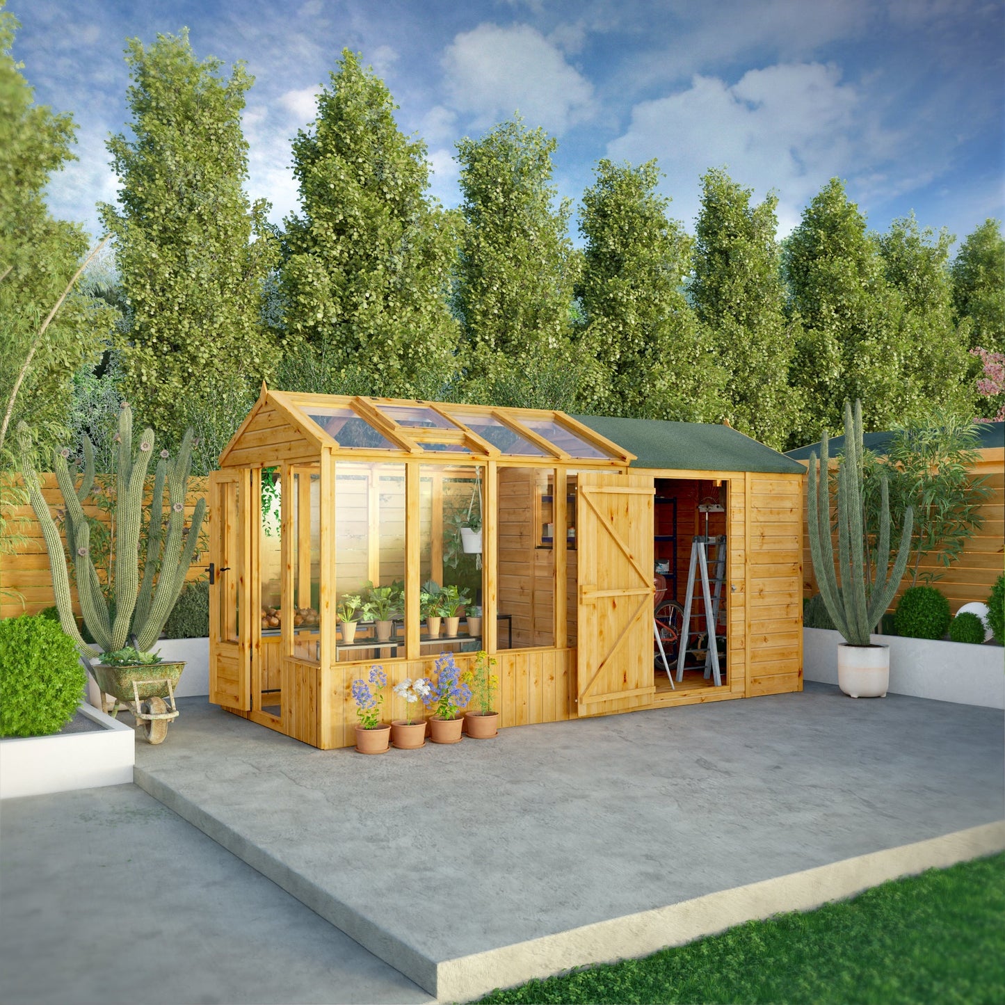 Mercia Woodsman 14' 2" x 6' 3" Apex Combi Greenhouse Shed - Premium Dip Treated Shiplap- Styrene Windows