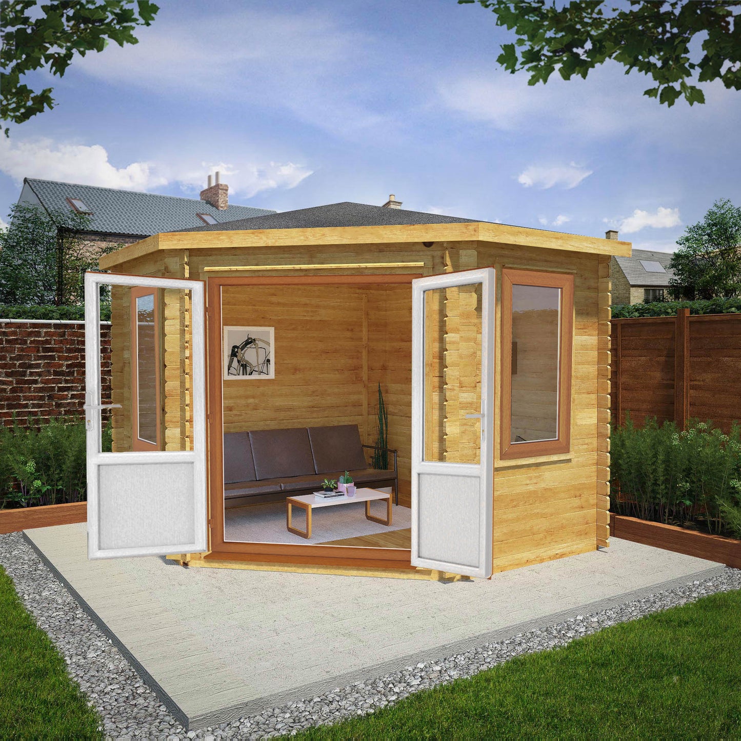 Mercia Corner 10' 4" x 10' 2" Hip Log Cabin - Premium 44mm Cladding Loglap - Brown UPVC