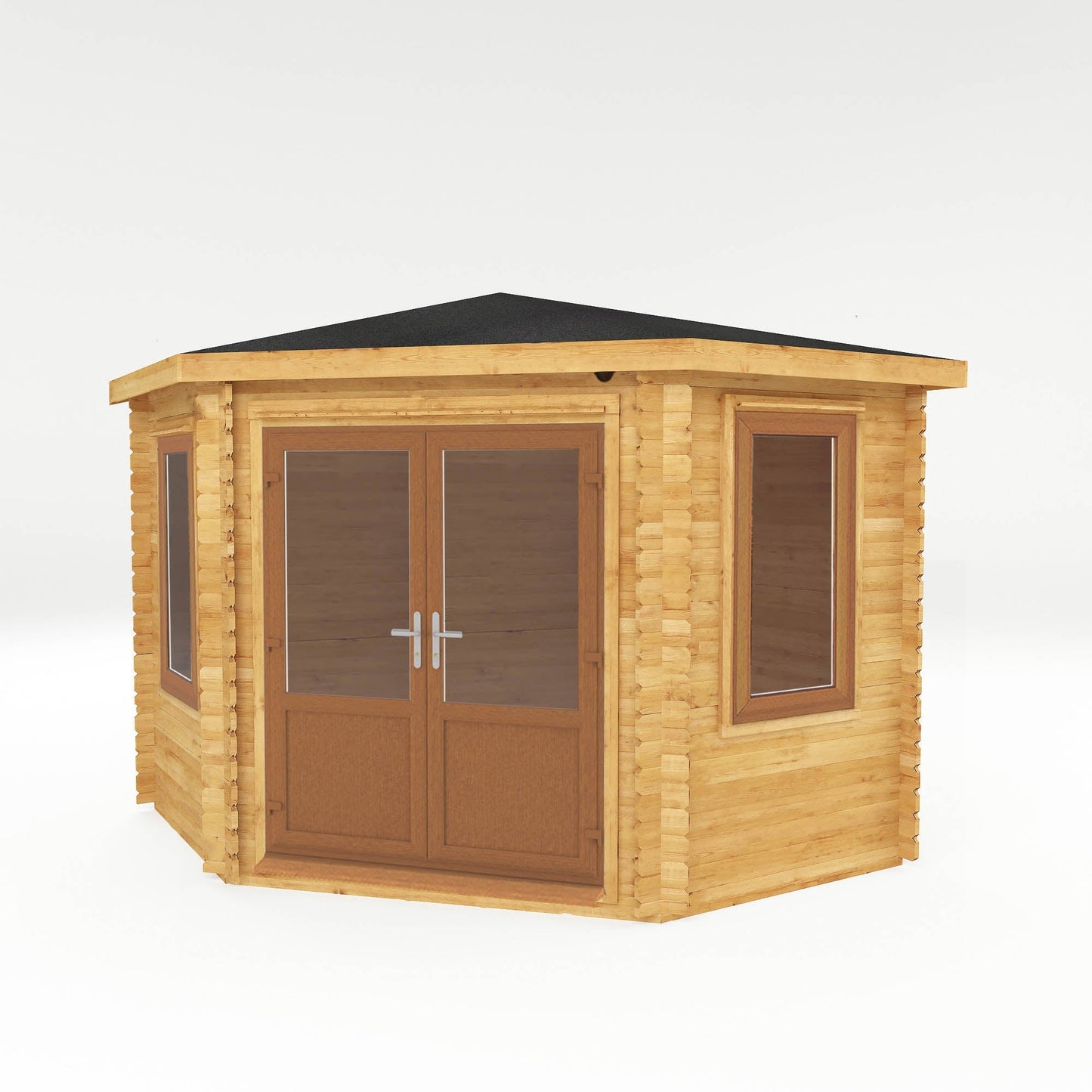 Mercia Corner 10' 4" x 10' 2" Hip Log Cabin - Premium 44mm Cladding Loglap - Brown UPVC