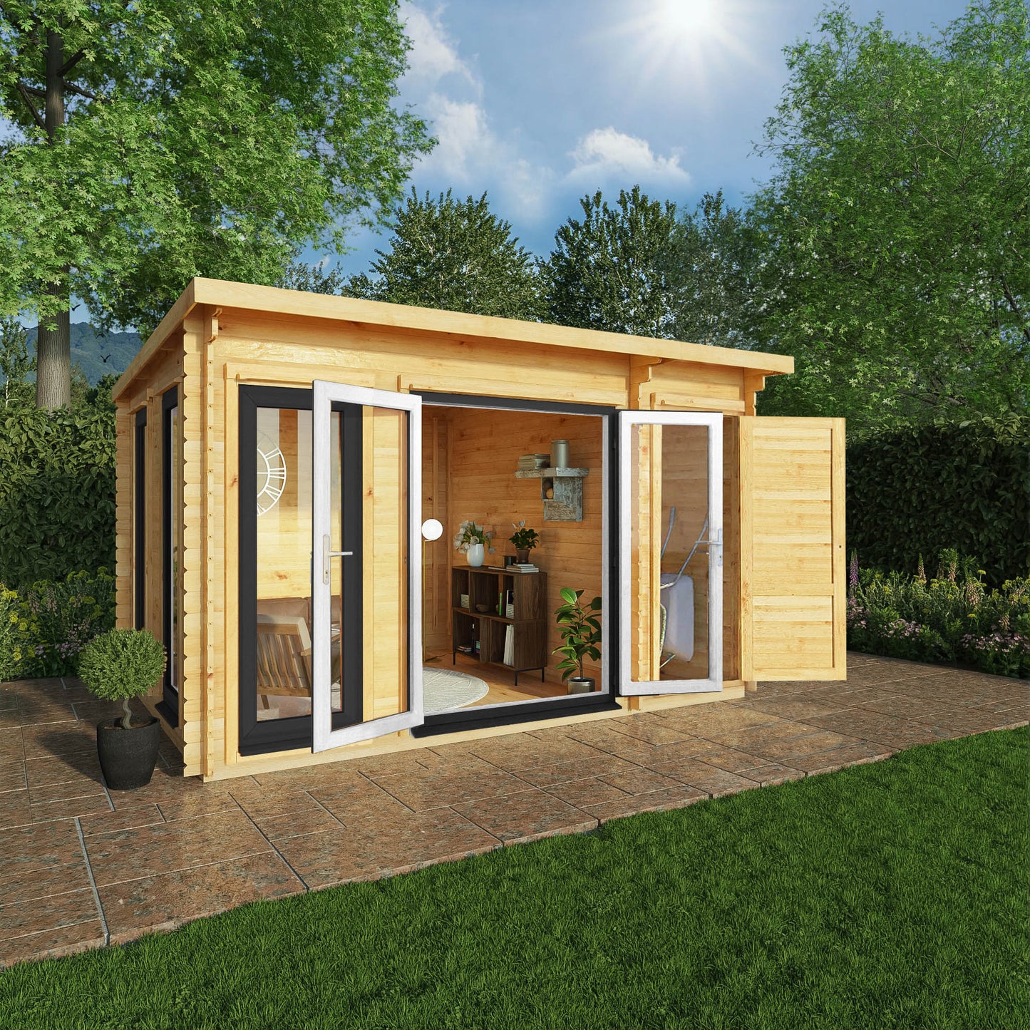 Mercia Studio 10' 11" x 13' 6" Pent Cabin with Shed - Premium 44mm Cladding Loglap - Grey UPVC