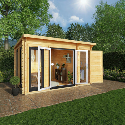 Mercia Studio 10' 11" x 13' 6" Pent Cabin with Shed - Premium 44mm Cladding Loglap - Grey UPVC