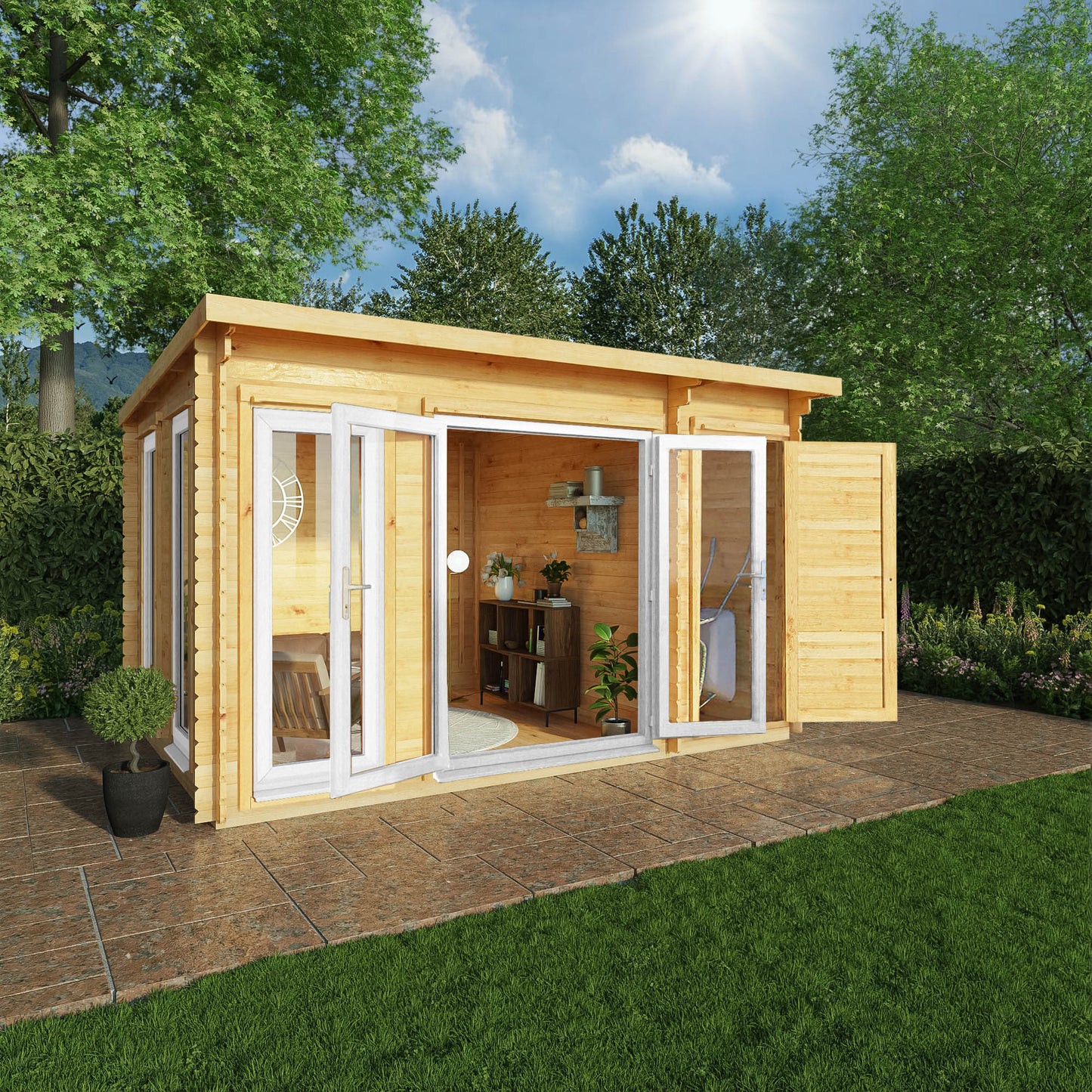 Mercia Studio 10' 11" x 13' 6" Pent Cabin with Shed - Premium 44mm Cladding Loglap - White UPVC