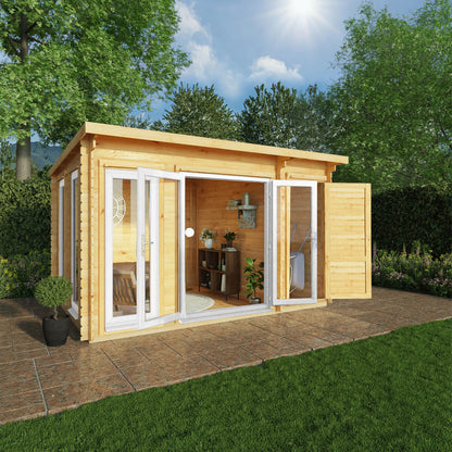 Mercia Studio 10' 11" x 13' 6" Pent Cabin with Shed - Premium 44mm Cladding Loglap - White UPVC