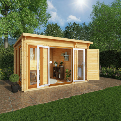 Mercia Studio 10' 11" x 13' 6" Pent Cabin with Shed - Premium 44mm Cladding Loglap - Brown UPVC