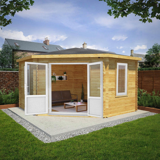 Mercia Corner 13' 7" x 13' 5" Hip Log Cabin - Premium 44mm Cladding Loglap - White UPVC