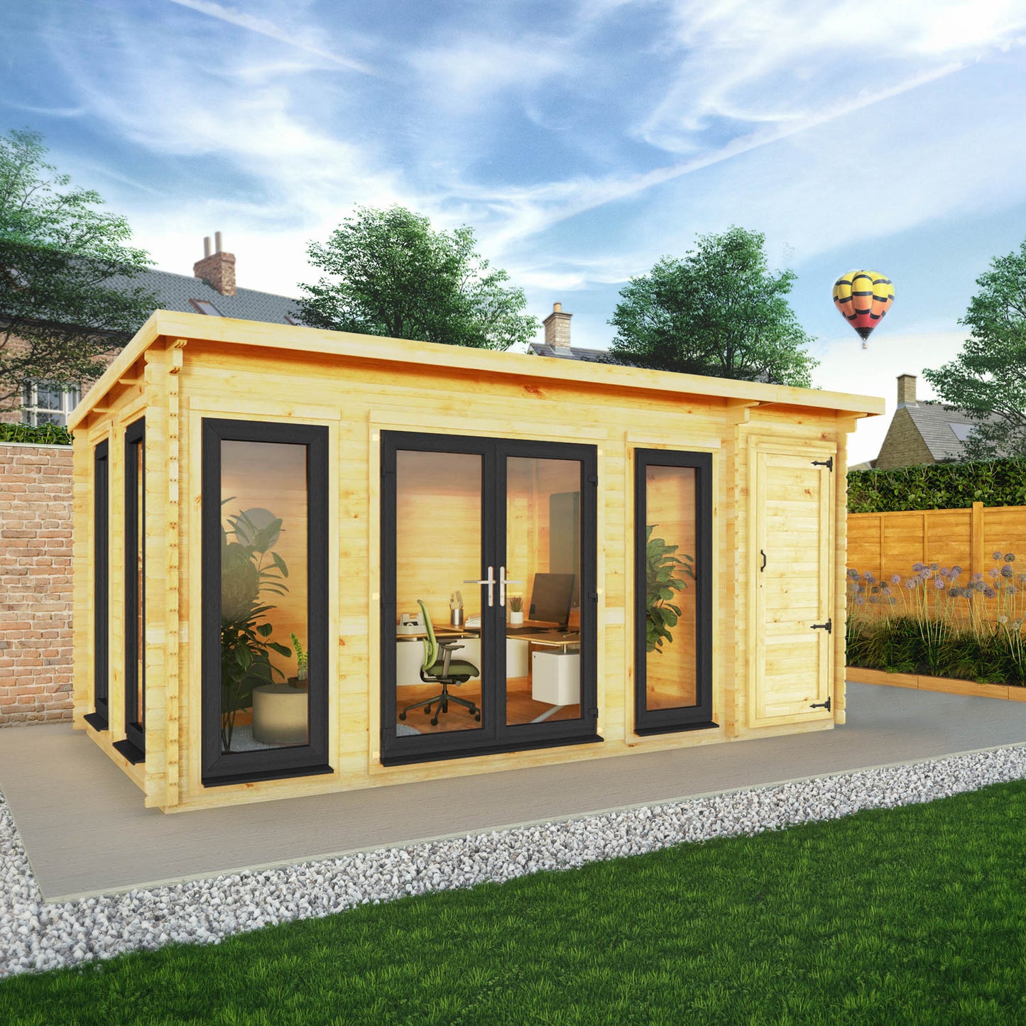 Mercia Studio 10' 11" x 16' 10" Pent Cabin with Shed - Premium 44mm Cladding Loglap - Grey UPVC