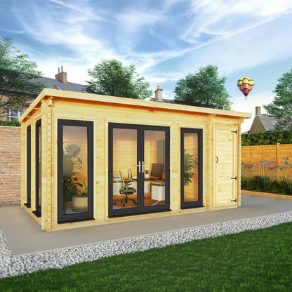 Mercia Studio 10' 11" x 16' 10" Pent Cabin with Shed - Premium 44mm Cladding Loglap - Grey UPVC