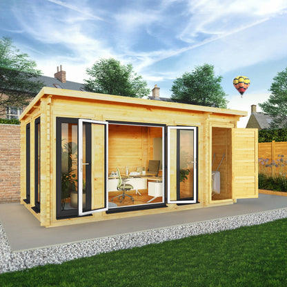 Mercia Studio 10' 11" x 16' 10" Pent Cabin with Shed - Premium 44mm Cladding Loglap - Grey UPVC