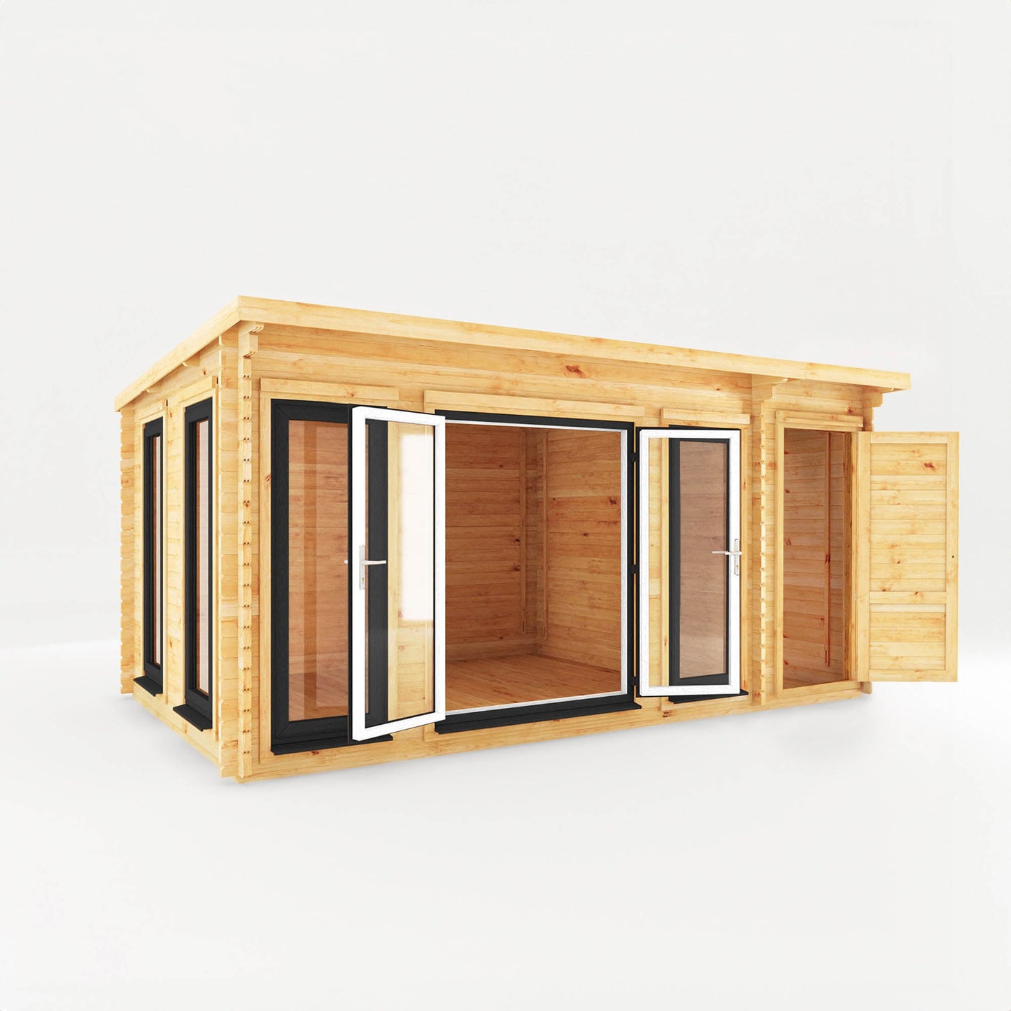 Mercia Studio 10' 11" x 16' 10" Pent Cabin with Shed - Premium 44mm Cladding Loglap - Grey UPVC