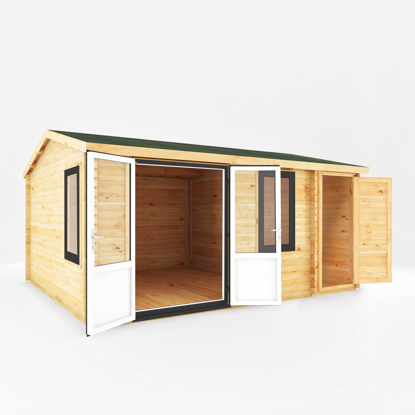 Mercia Elite 13' 6" x 16' 11" Apex Log Cabin - Premium 44mm Cladding Loglap - Grey UPVC