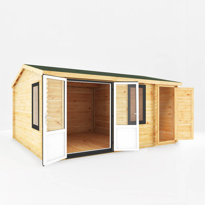 Mercia Elite 13' 6" x 16' 11" Apex Log Cabin - Premium 44mm Cladding Loglap - Grey UPVC