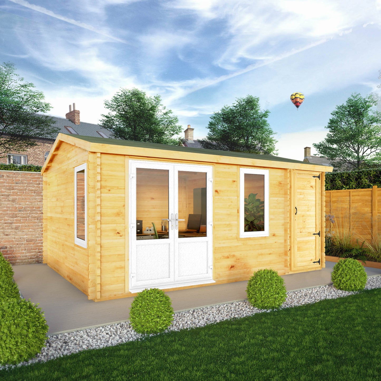 Mercia Elite 13' 6" x 16' 11" Apex Log Cabin - Premium 44mm Cladding Loglap - White UPVC
