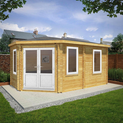 Mercia Corner 10' 4" x 16' 8" Hip Log Cabin - Premium 44mm Cladding Loglap - White UPVC