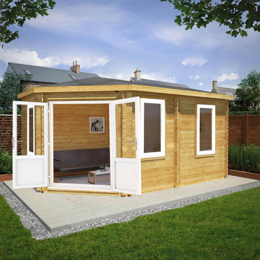 Mercia Corner 10' 4" x 16' 8" Hip Log Cabin - Premium 44mm Cladding Loglap - White UPVC