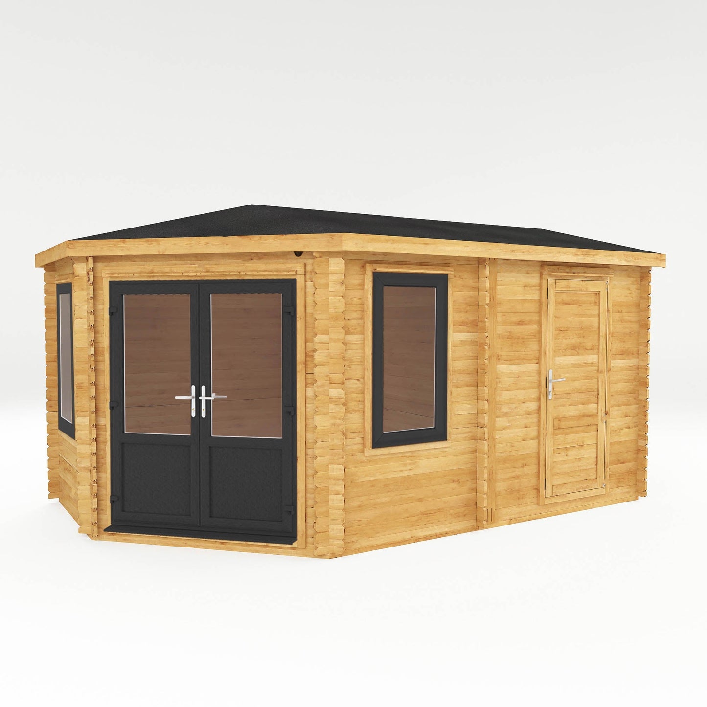 Mercia Corner 10' 4" x 16' 8" Hip Log Cabin Shed - Premium 44mm Cladding Loglap - Grey UPVC