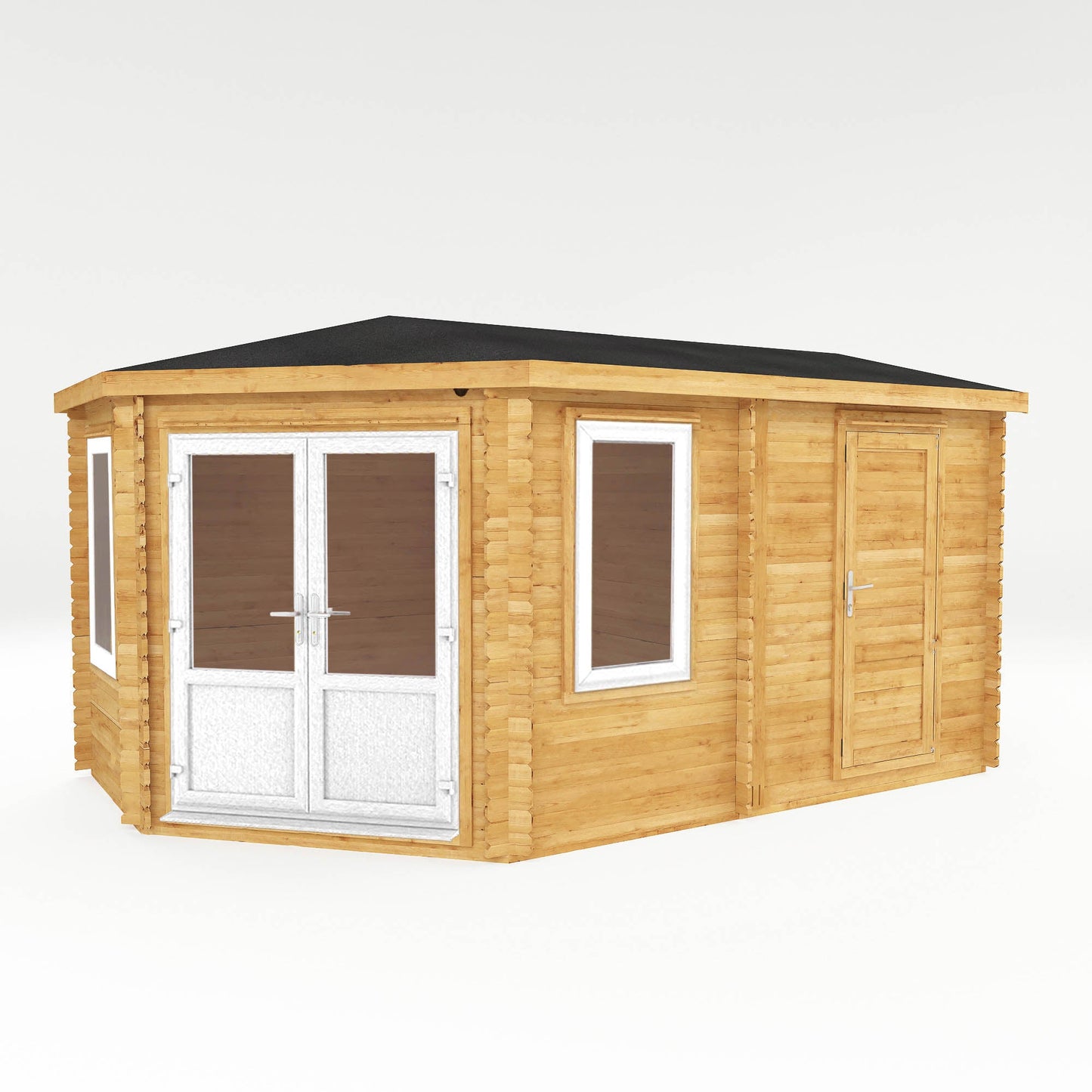 Mercia Corner 10' 4" x 16' 8" Hip Log Cabin Shed - Premium 44mm Cladding Loglap - White UPVC