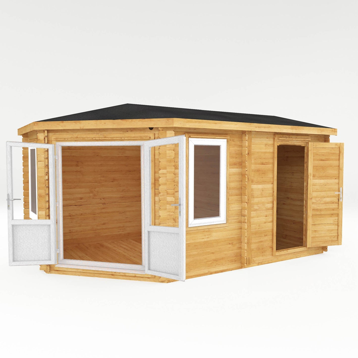 Mercia Corner 10' 4" x 16' 8" Hip Log Cabin Shed - Premium 44mm Cladding Loglap - White UPVC